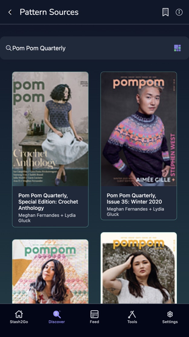 A pattern source search on a phone, showing magazine issues