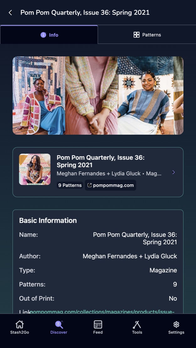 A magazine issue, showing its author, type and how many patterns it holds