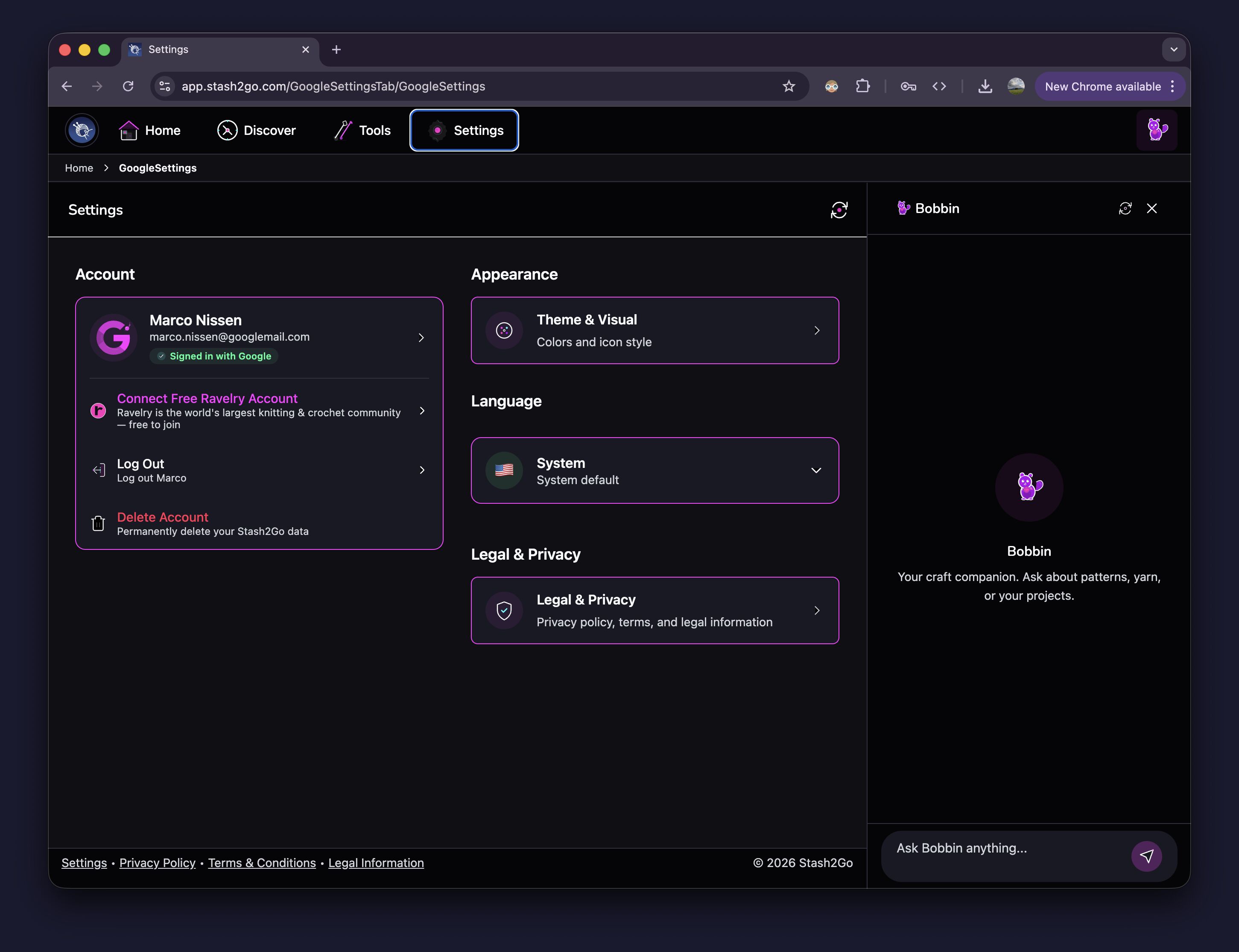 Settings screen showing Google account signed in and Connect Free Ravelry Account option