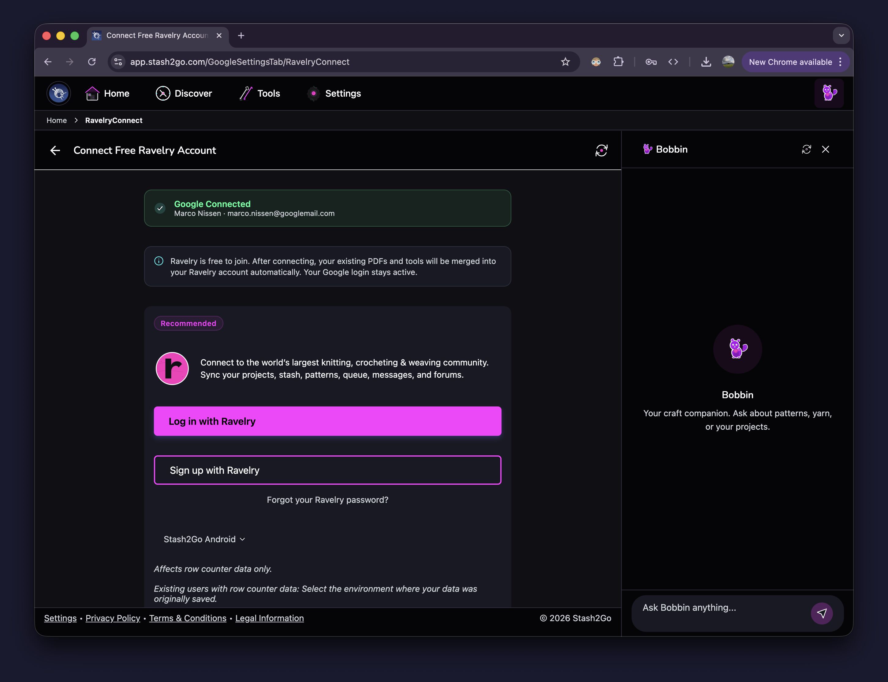 Connect Ravelry Account screen showing Google Connected status and Log in with Ravelry button