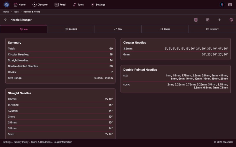 Stash2Go Needle Manager showing your complete needle and hook collection