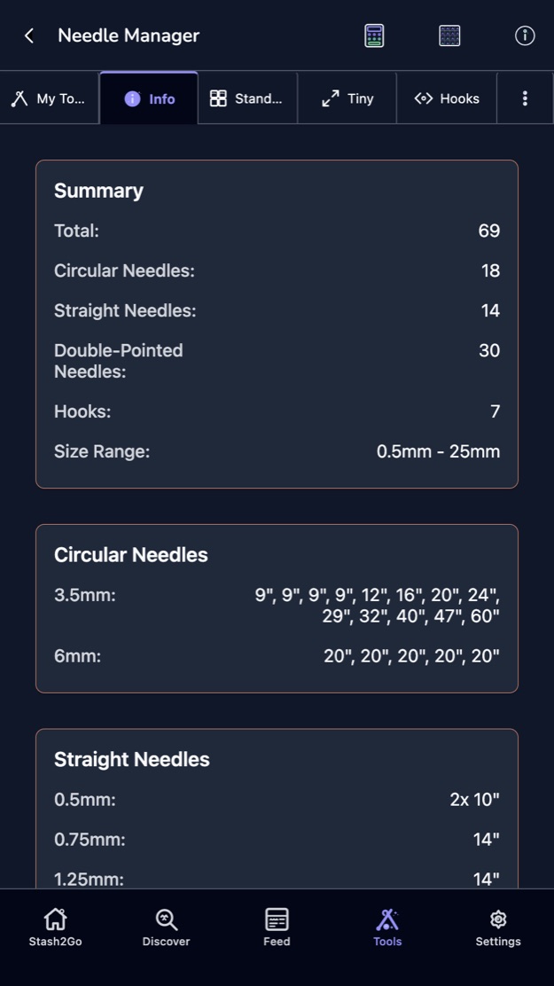 The Info tab summarising the collection by type, with a size breakdown