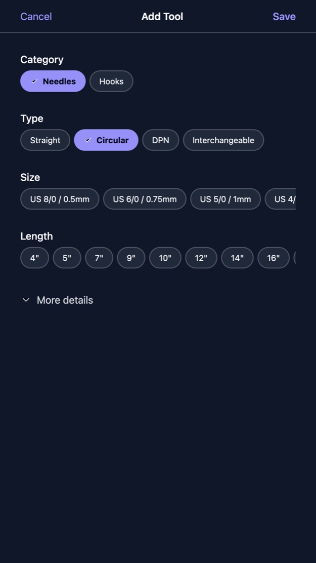 The add tool sheet with category, type, size and length choices