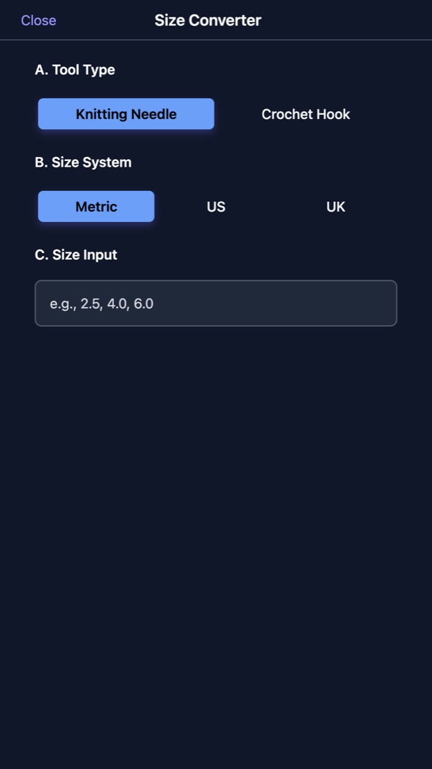 The size converter, asking for tool type, size system and a size