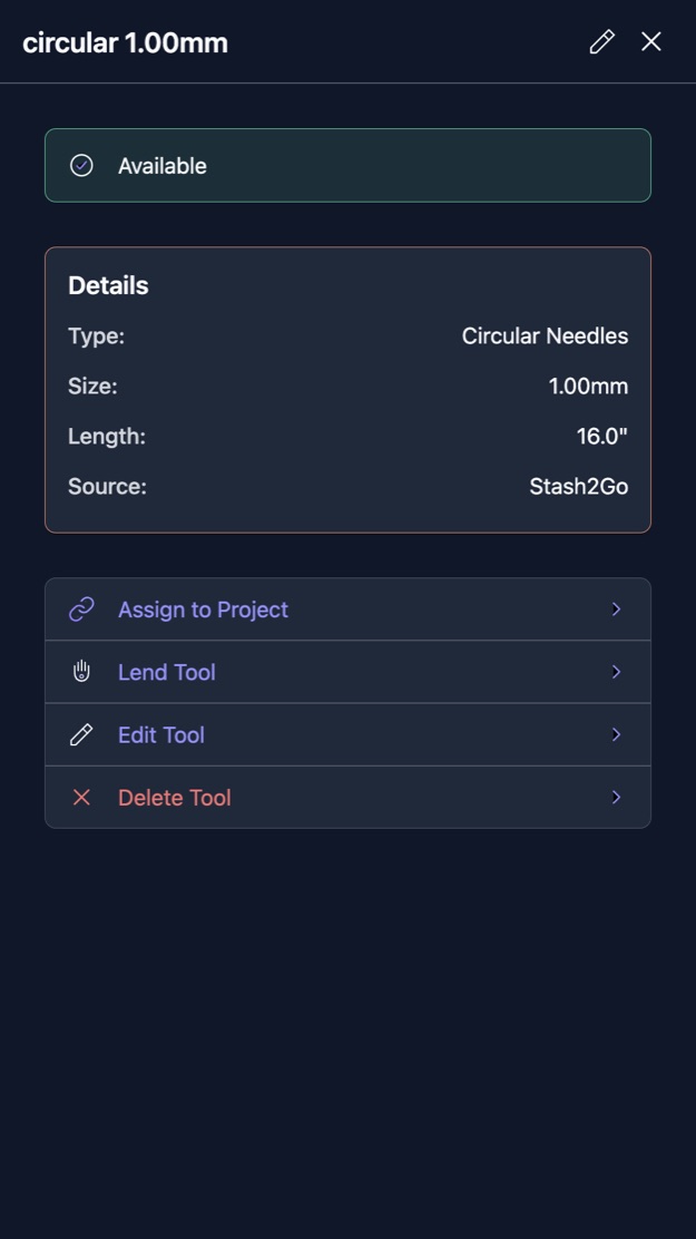 A tool sheet showing it is available, with assign, lend, edit and delete
