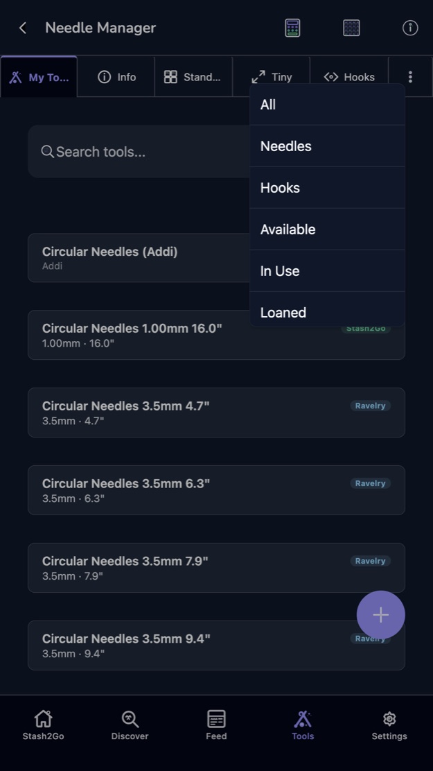 The filter menu offering all, needles, hooks, available, in use and loaned