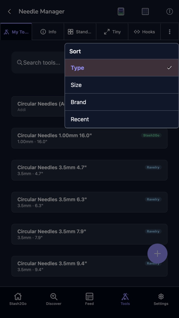 The sort menu offering type, size, brand and recent