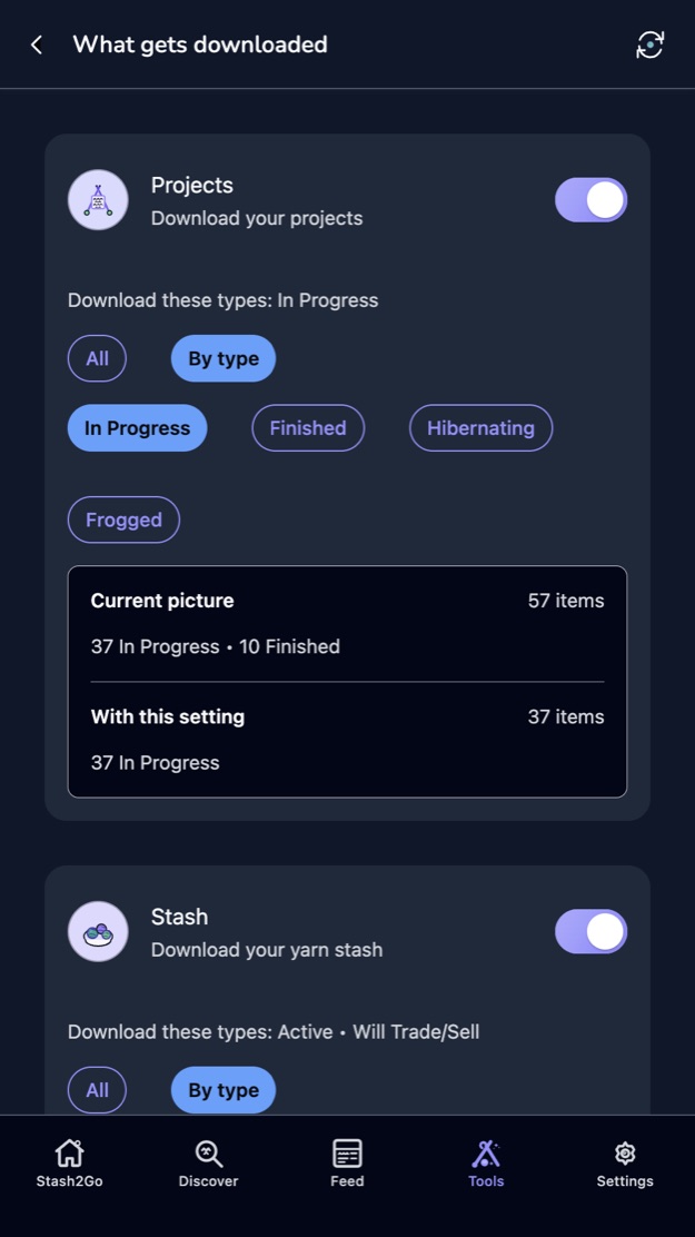 What gets downloaded, with the Projects switch on and the status chips below it