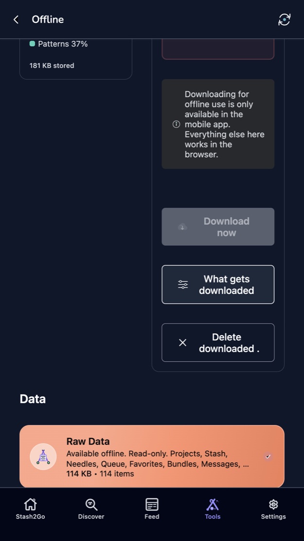 The Offline screen with the Download now button and the stored data cards beneath it