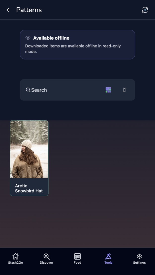 The stored patterns list, marked available offline in read-only mode, with its own search box