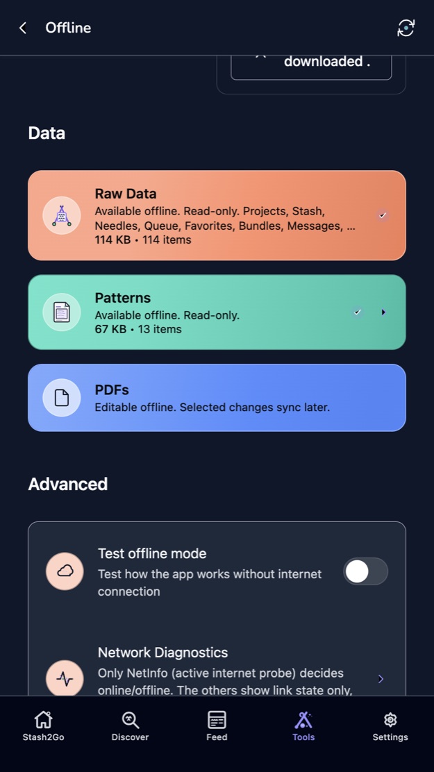 Advanced settings with the Test offline mode switch and Network Diagnostics