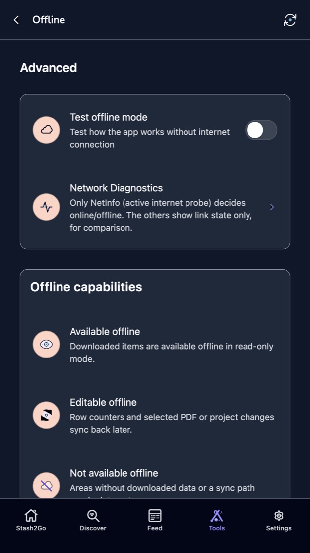 The offline capabilities list: available offline, editable offline and not available offline