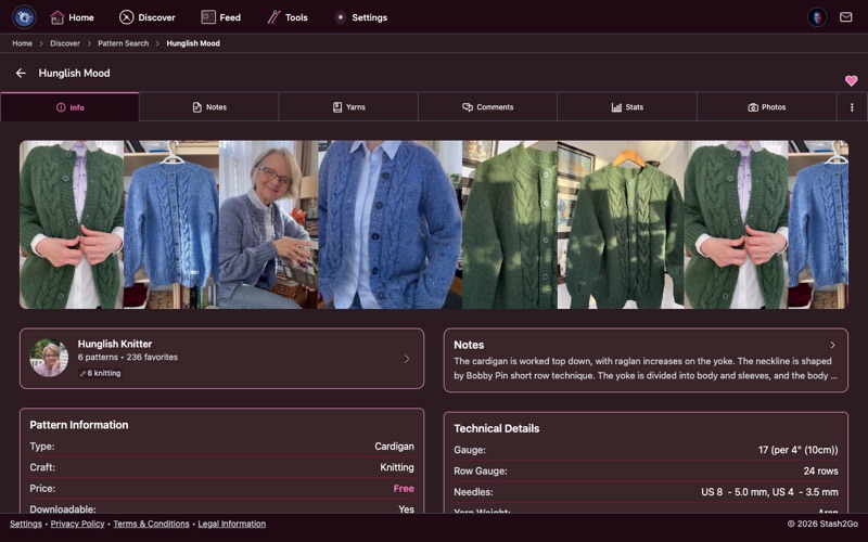 Pattern detail info tab showing yarn requirements, gauge, sizing, and difficulty