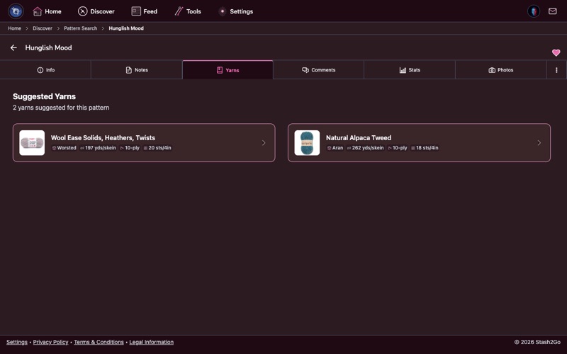 Pattern yarns tab showing recommended yarn and alternatives used by other crafters