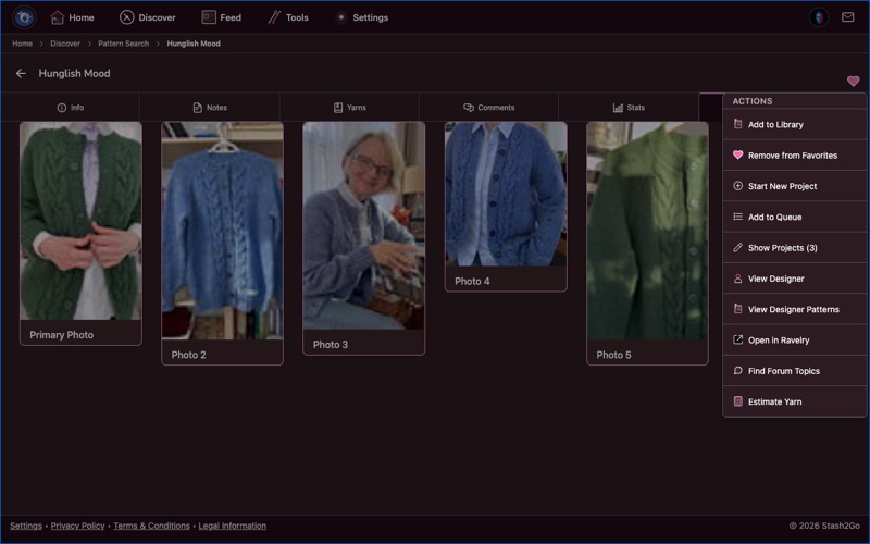 Pattern actions menu showing options to favorite, start project, add to library, add to queue, and more