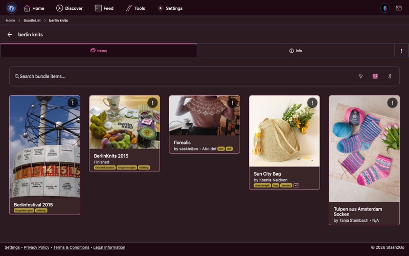 Bundle details view showing a collection of favorited patterns organized together