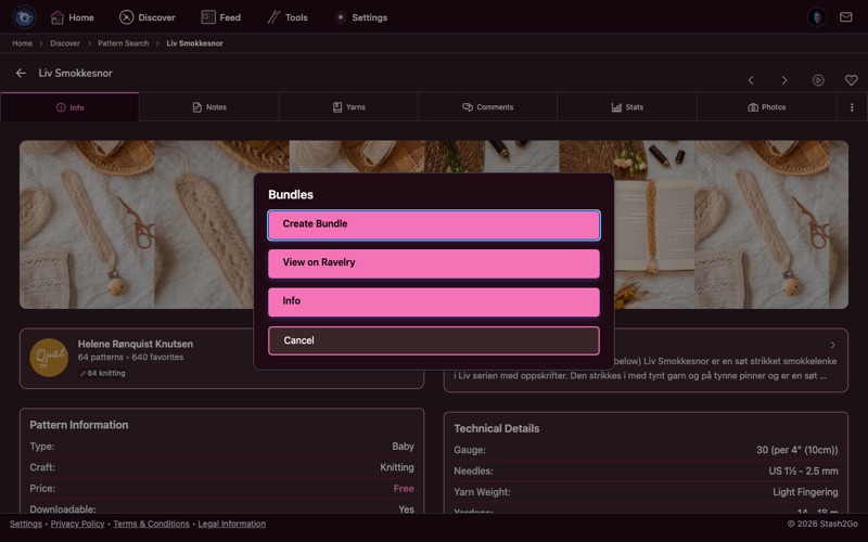 Bundle actions menu showing Create Bundle, View on Ravelry, and Info options