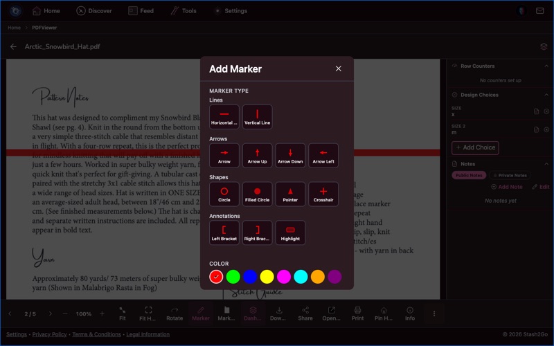 Marker menu showing different marker types: horizontal lines, vertical lines, arrows, shapes, and annotations