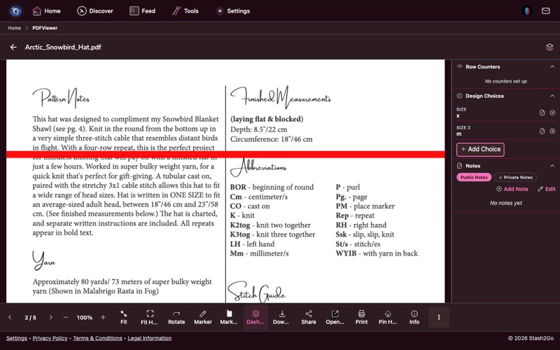Pattern PDF with a colored horizontal line marker placed to highlight the current working row