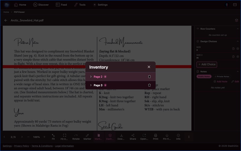 Marker Inventory modal listing all placed markers organized by page number