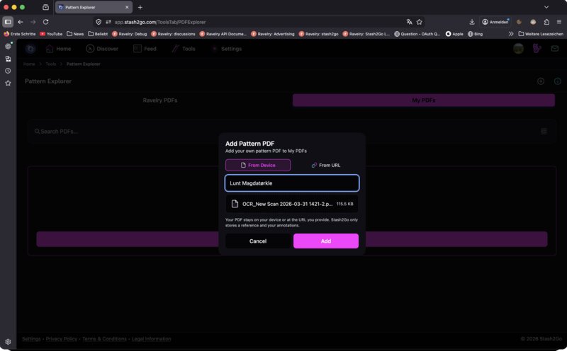 Add Pattern PDF dialog with options to import from device or URL