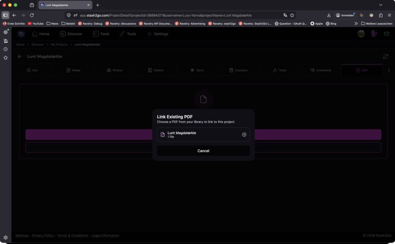 Link Existing PDF dialog showing available PDFs to connect to the project
