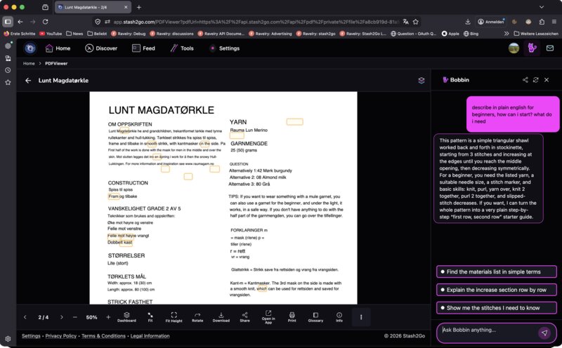 Imported PDF open in the PDF Viewer with Bobbin assistant providing pattern advice