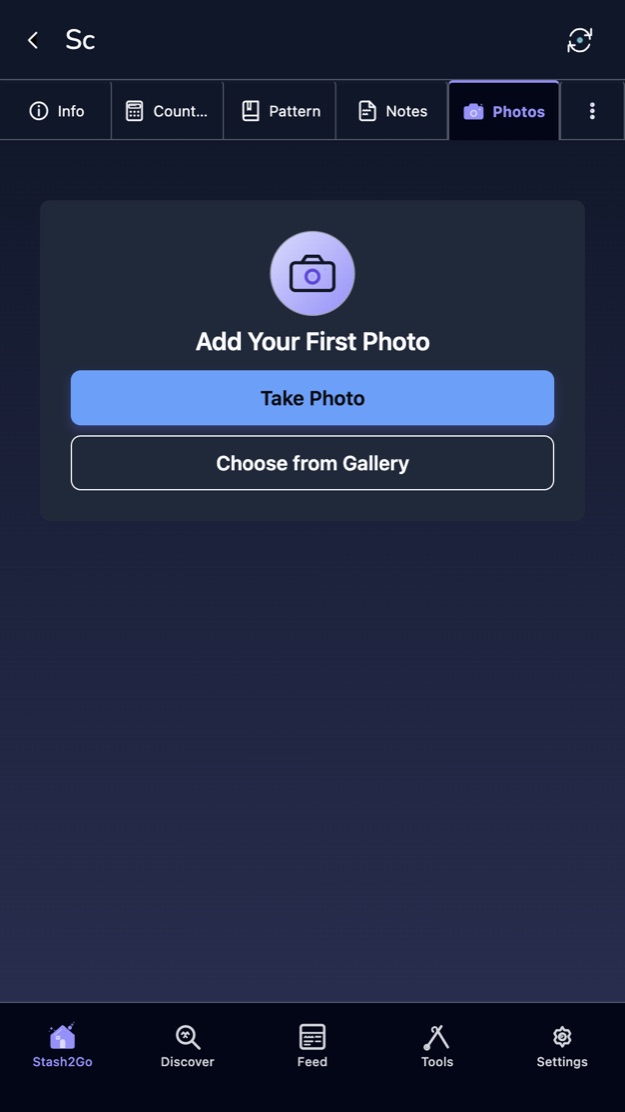An empty photos tab offering Take Photo and Choose from Gallery
