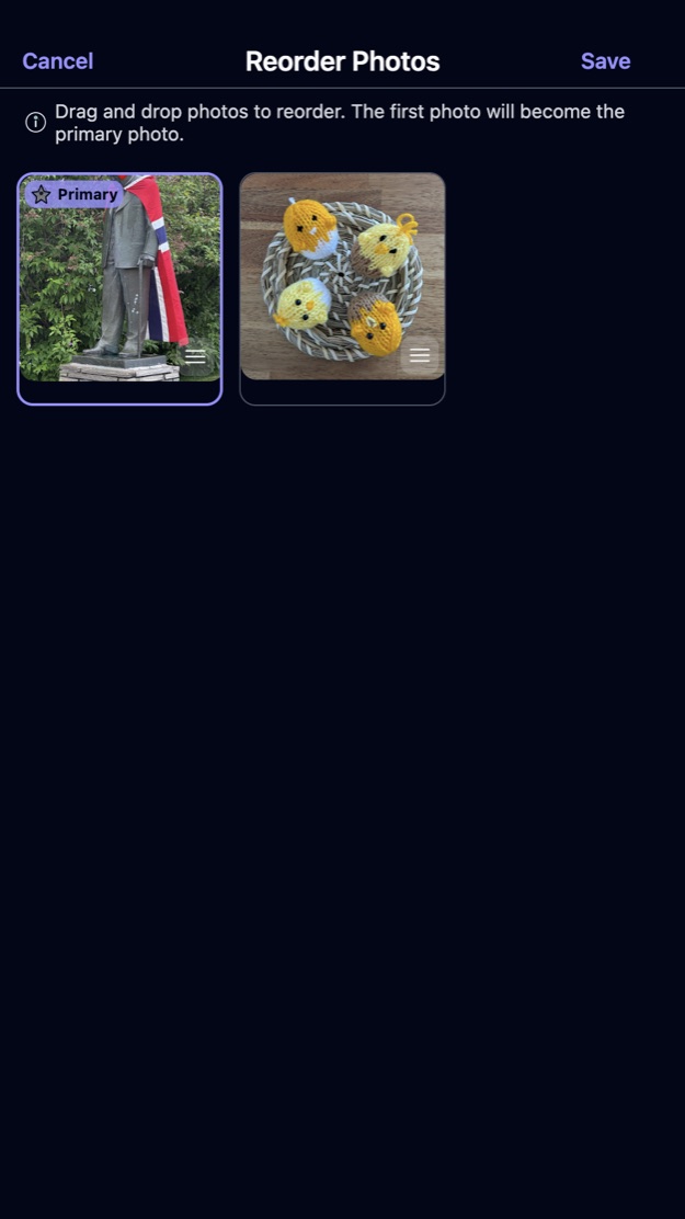 The reorder screen, saying the first photo becomes the primary one