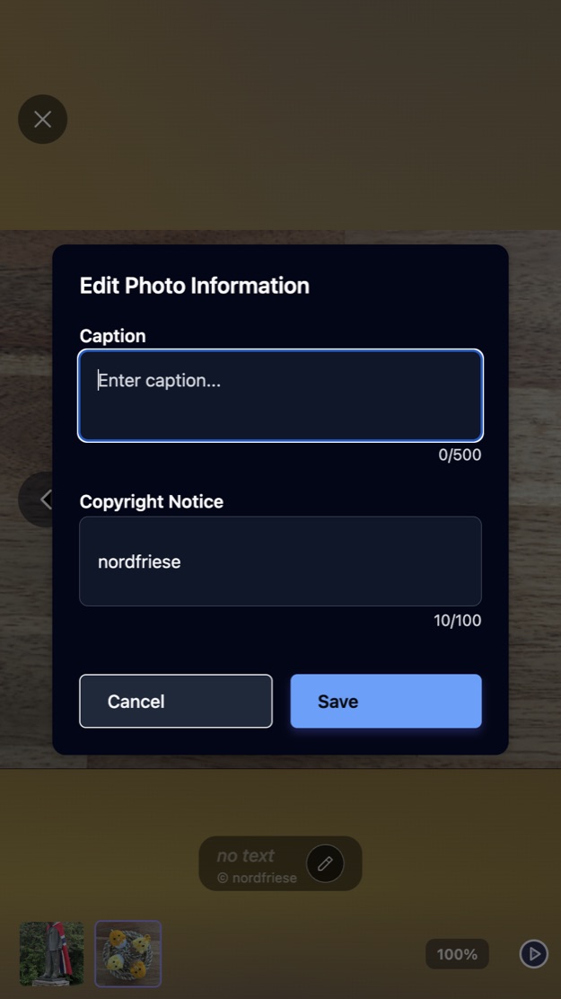 The edit photo information dialog with a caption field and a copyright notice field