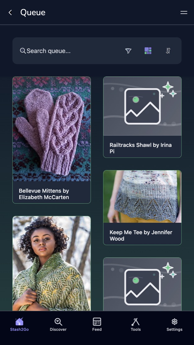 The queue as a masonry grid, with the search box, filter, view and sort buttons above it
