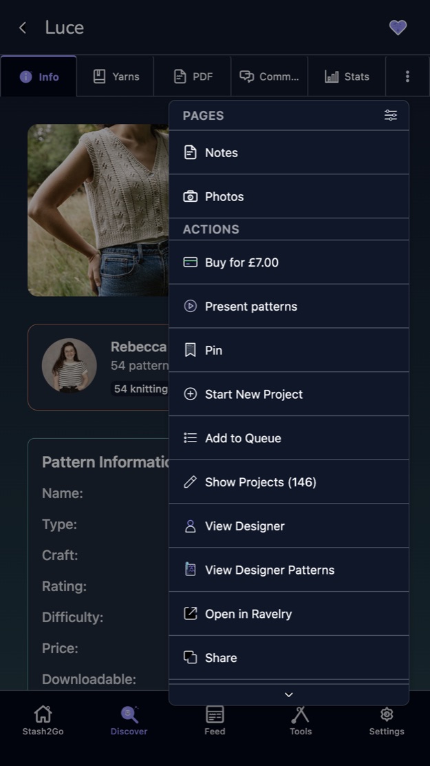 A pattern page with its actions menu open, showing Add to Queue among the options