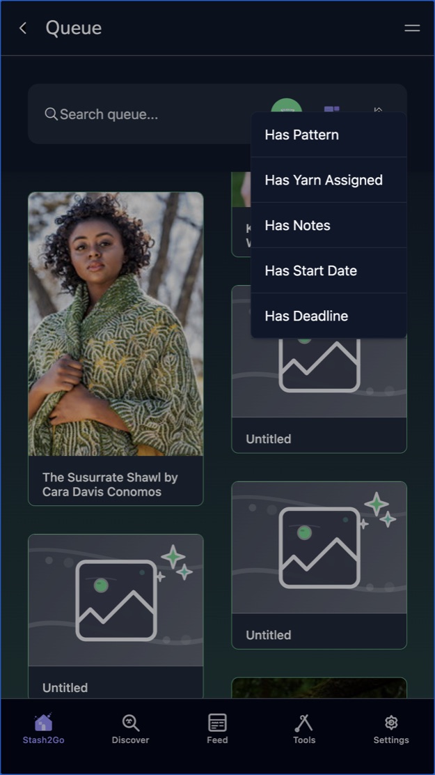 The filter menu with has pattern, has yarn assigned, has notes, has start date and has deadline