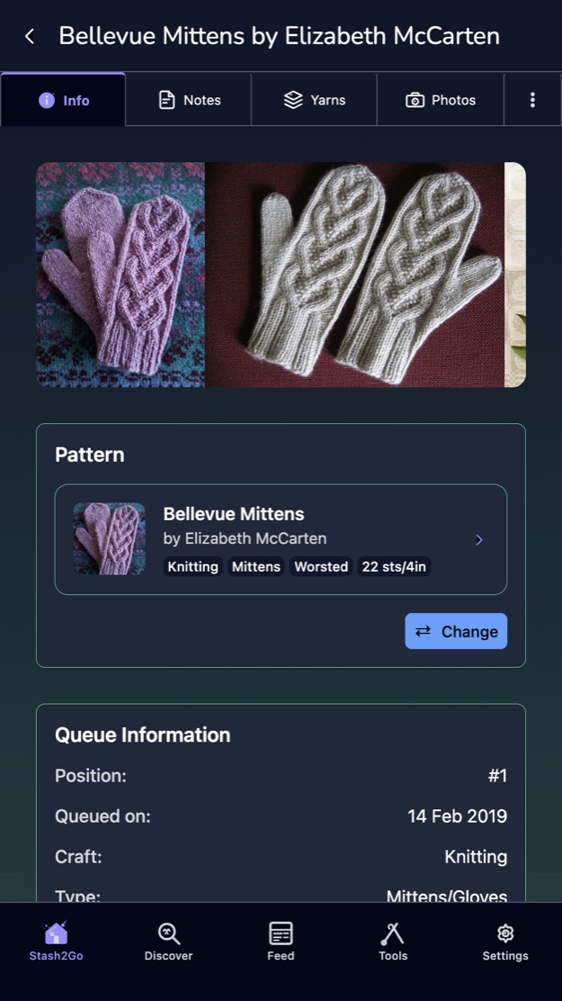 A queue entry on its Info tab, showing the pattern card and the queue information