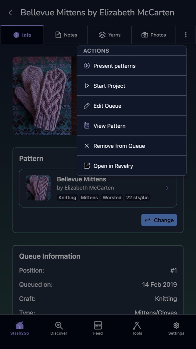 The queue entry actions menu with Start Project, Edit Queue, View Pattern and Remove from Queue