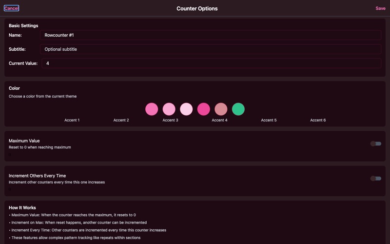 Counter settings modal with name, subtitle, value, and color options