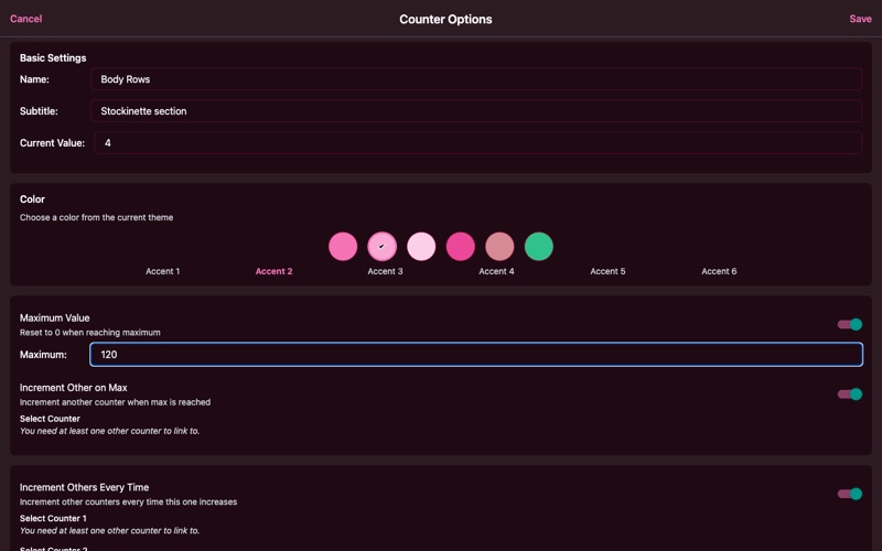Every-time increment toggle with up to four target counters selectable