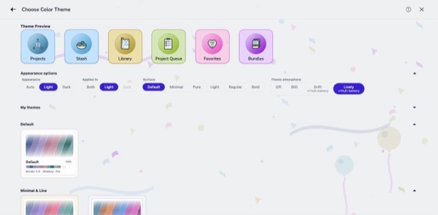 The Confetti scene behind the colour theme screen, in the Electric Pop theme