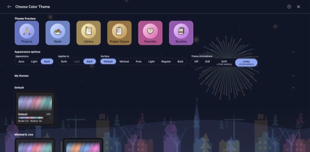 The Fireworks scene behind the colour theme screen, in the New Year theme
