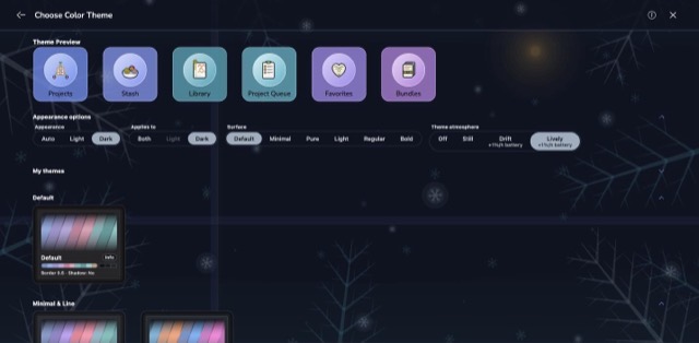 The Frost scene behind the colour theme screen, in the Winter Solstice theme