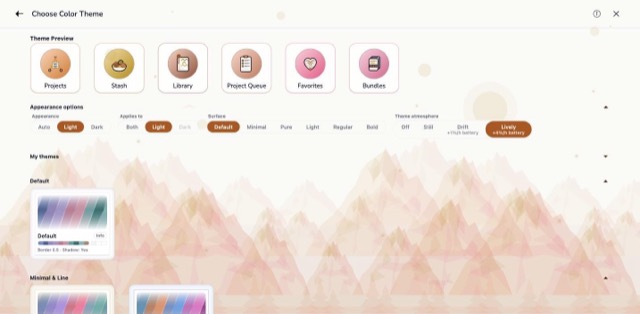 The Mountains scene behind the colour theme screen, in the Golden Hour theme
