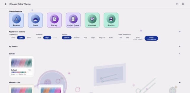 The Notions tin scene behind the colour theme screen, in the Jewel Box theme