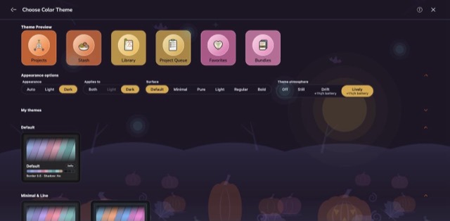 The Pumpkins scene behind the colour theme screen, in the Hallowe'en Night theme