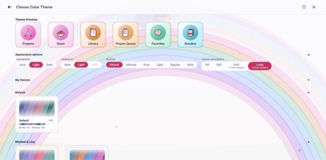 The Rainbow scene behind the colour theme screen, in the Rainbow Prism theme