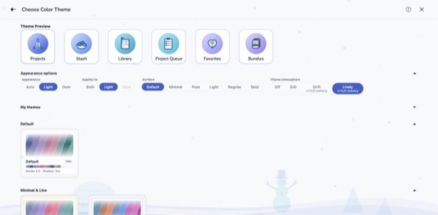 The Snow scene behind the colour theme screen, in the Winter Frost theme