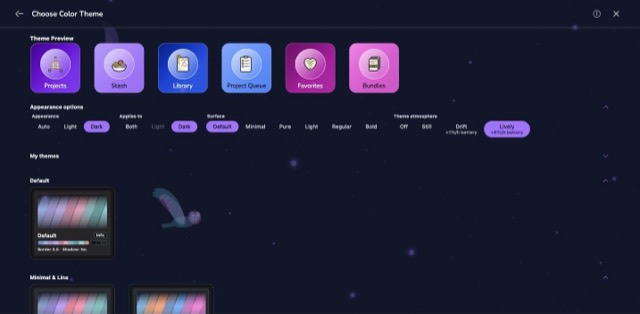 The Stars scene behind the colour theme screen, in the Deep Space theme