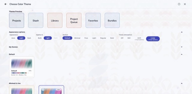 The Stitches scene behind the colour theme screen, in the Chart Paper theme