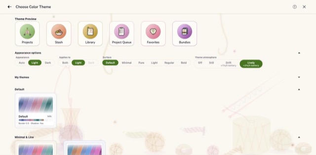 The Yarn balls scene behind the colour theme screen, in the Cottagecore theme