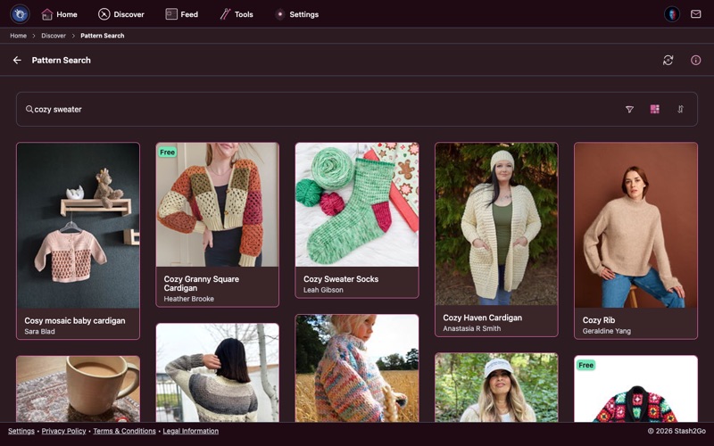 Search results for cozy sweater showing pattern cards in a grid