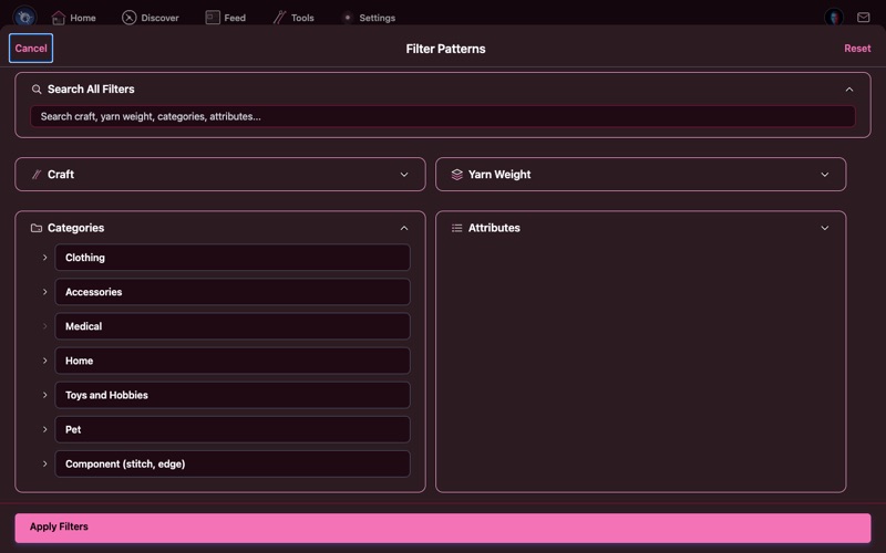 Filter panel showing Pattern Categories expanded with tree of options